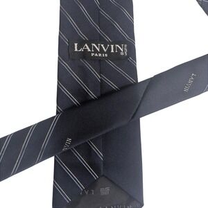 Lanvin Paris Mens Silk Necktie Navy Blue  Diagonal Striped Designer logo vtg Tie